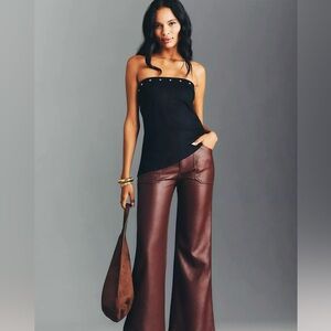 🌹Anthropologie Pilcro Faux Leather High-Rise Flare Pants, Size 25, Cocoa (NWT)